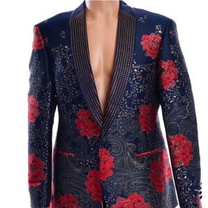 Men's Floral Pattern Blazer in Red and Blue